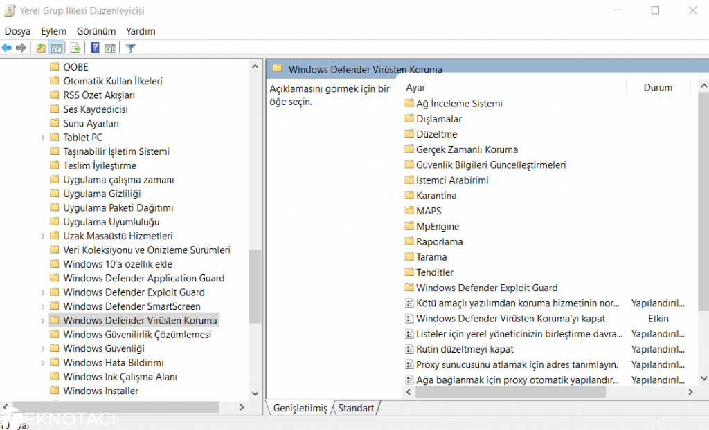 Windows Defender Local Group Policy Editor (Yerel Grup İlkesi Düzenleyici) İle Kapatma