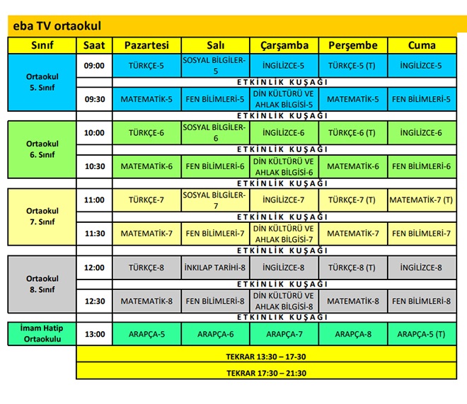 Eba TV Orta Okul Yayın Akışı