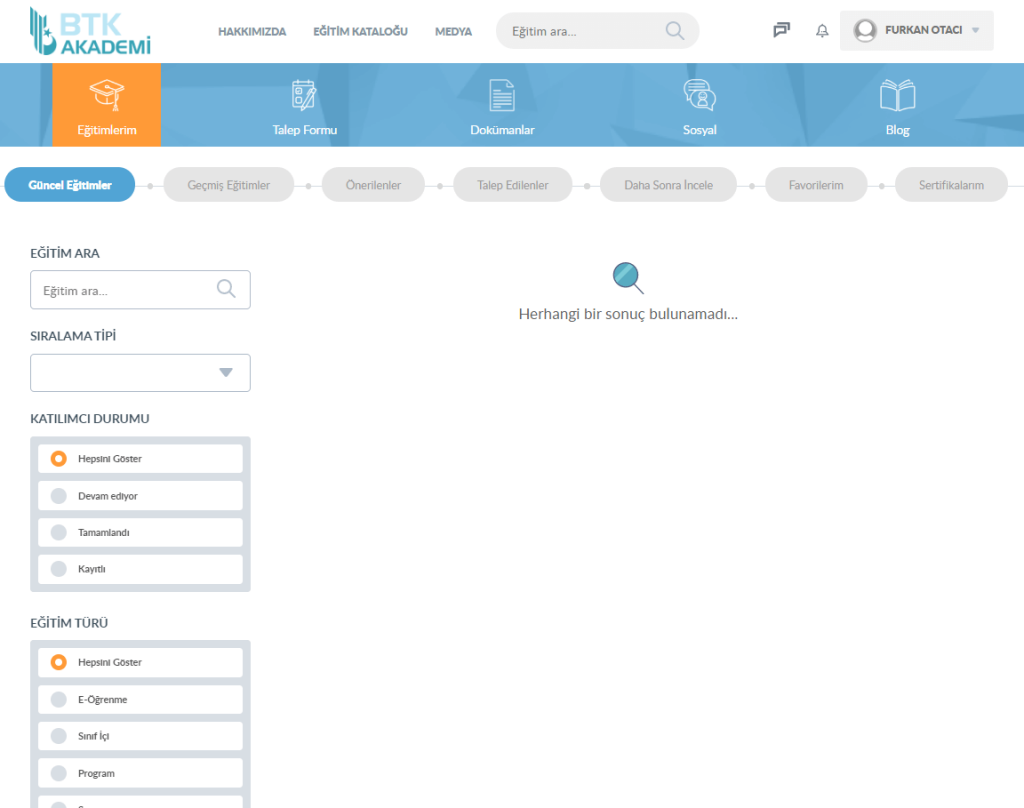 btk akademi kullanıcı sayfası