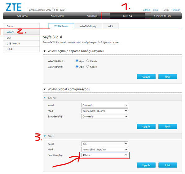 modem arayüzü 5ghz bant genişliği