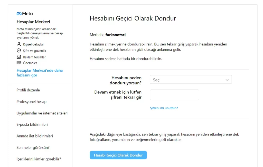 instagram hesabı dondurma sayfası